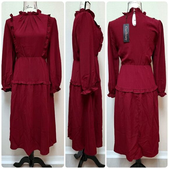 NWT Modest Elegant Long Sleeve Retro Vintage Victorian Ruffle Red Midi Dress L - Picture 11 of 16